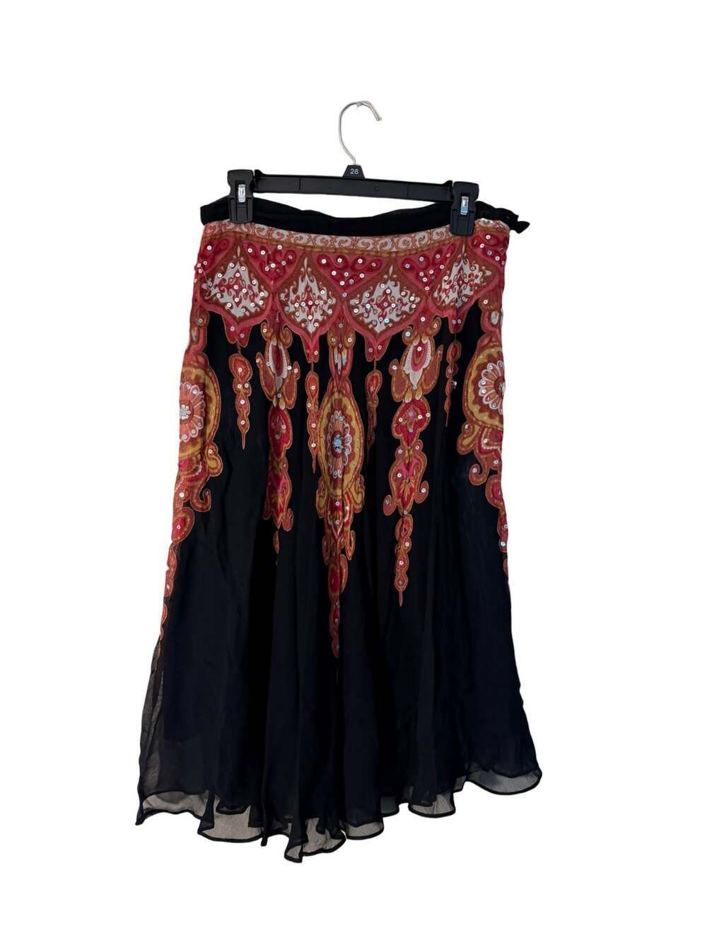 Angie Y2K Boho Midi Skirt with Paisley Print and Sequin Embellishments